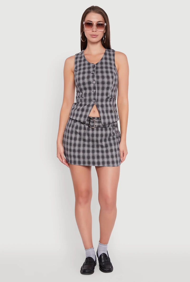 Womens Fleece Plaid Button Front V-Neck Vest, Grey, Size L