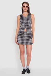 Womens Fleece Plaid Button Front V-Neck Vest, Grey, Size L