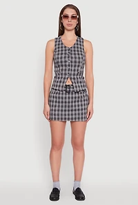 Womens Fleece Plaid Button Front V-Neck Vest, Grey, Size L