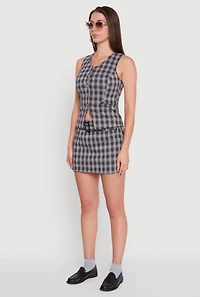Womens Fleece Plaid Button Front V-Neck Vest, Grey, Size L