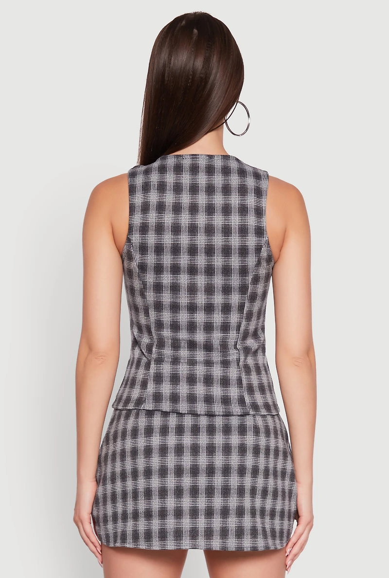 Womens Fleece Plaid Button Front V-Neck Vest, Grey, Size L