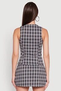 Womens Fleece Plaid Button Front V-Neck Vest, Grey, Size L
