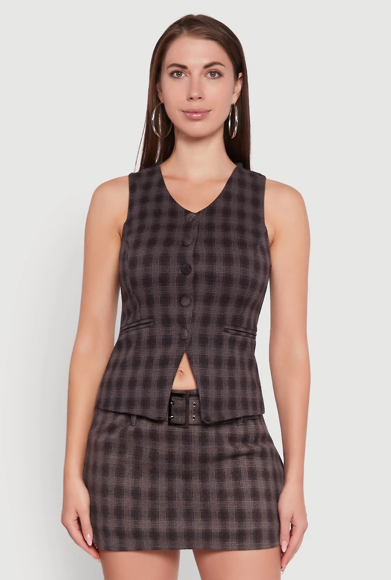 Fleece Plaid Button Front V-Neck Vest
