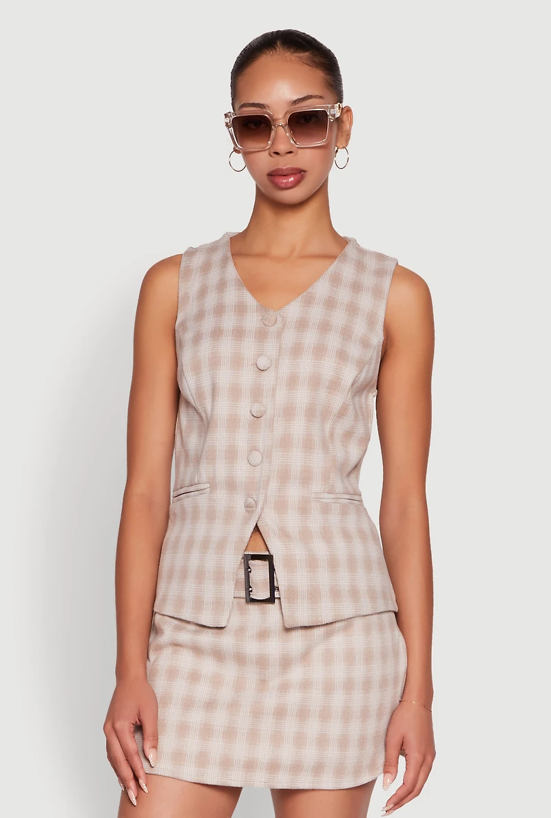 Womens Fleece Plaid Button Front V-Neck Vest,