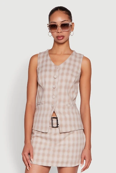 Womens Fleece Plaid Button Front V-Neck Vest,