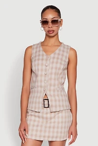 Womens Fleece Plaid Button Front V-Neck Vest,