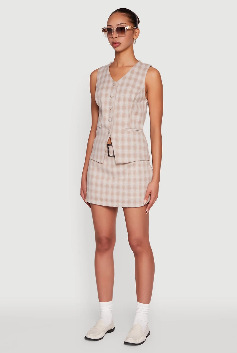 Womens Fleece Plaid Button Front V-Neck Vest,