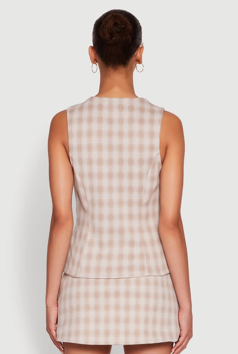 Womens Fleece Plaid Button Front V-Neck Vest,