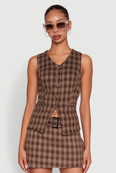 Womens Fleece Plaid Button Front V-Neck Vest, Brown, Size L