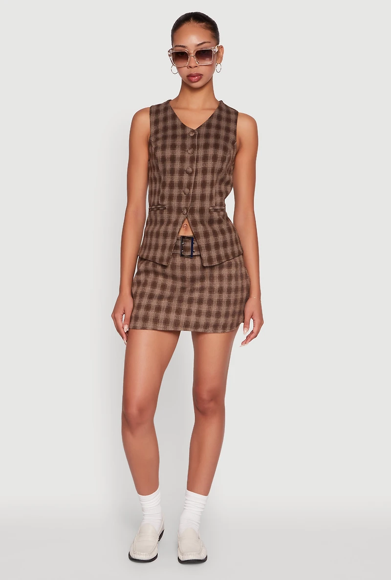 Womens Fleece Plaid Button Front V-Neck Vest, Brown, Size L