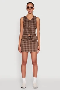 Womens Fleece Plaid Button Front V-Neck Vest, Brown, Size L