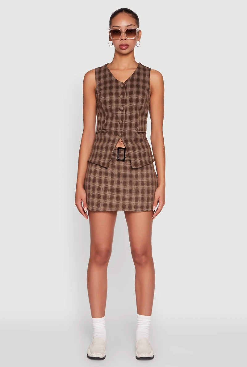 Womens Fleece Plaid Button Front V-Neck Vest, Brown, Size S