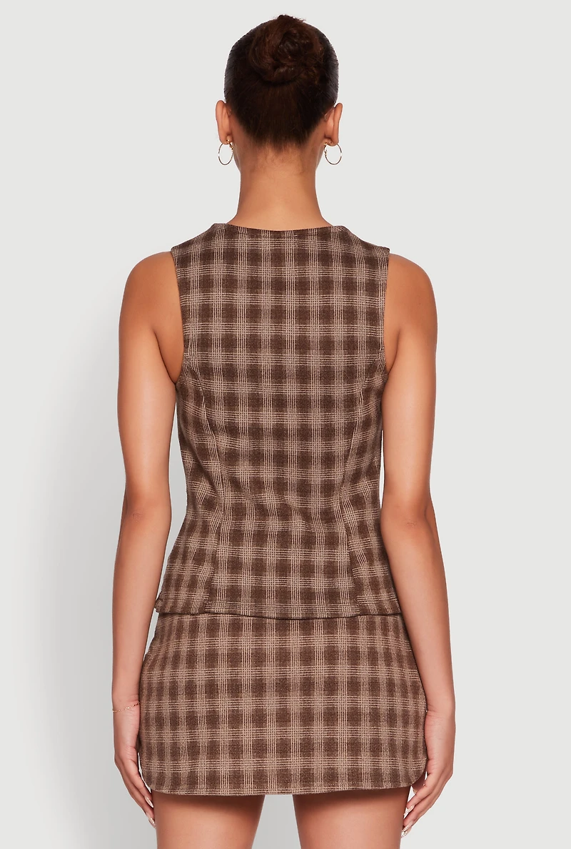 Womens Fleece Plaid Button Front V-Neck Vest, Brown, Size S