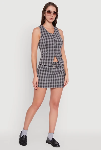 Womens Fleece Lined Plaid Mini Skirt with Belt, Grey, Size M