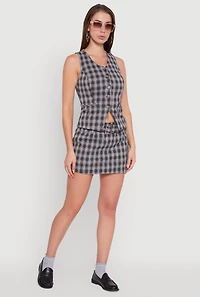 Womens Fleece Lined Plaid Mini Skirt with Belt, Grey, Size M