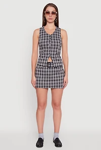 Womens Fleece Lined Plaid Mini Skirt with Belt, Grey,