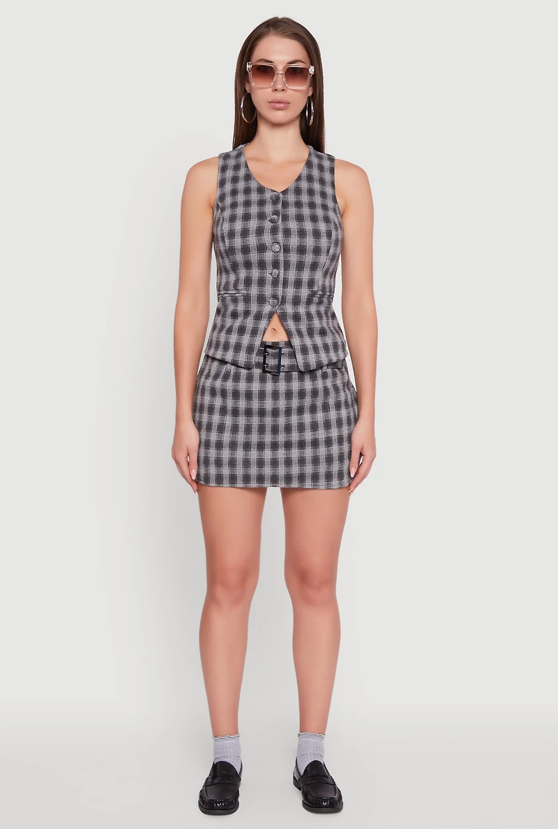 Womens Fleece Lined Plaid Mini Skirt with Belt, Grey, Size M