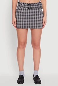 Womens Fleece Lined Plaid Mini Skirt with Belt, Grey,
