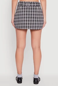 Womens Fleece Lined Plaid Mini Skirt with Belt, Grey,