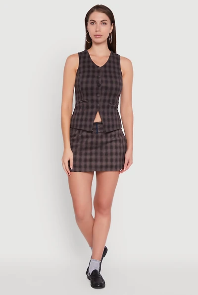 Womens Fleece Lined Plaid Mini Skirt with Belt, Grey, Size M