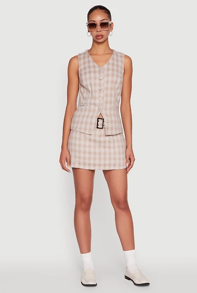 Womens Fleece Lined Plaid Mini Skirt with Belt, Khaki, Size M