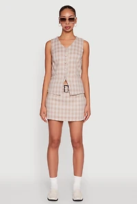 Womens Fleece Lined Plaid Mini Skirt with Belt, Khaki, Size M
