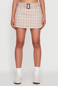Womens Fleece Lined Plaid Mini Skirt with Belt, Khaki, Size M