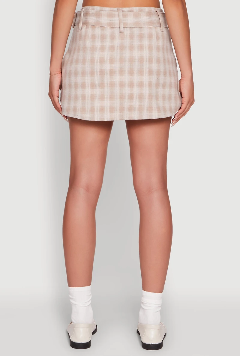 Womens Fleece Lined Plaid Mini Skirt with Belt, Khaki, Size M