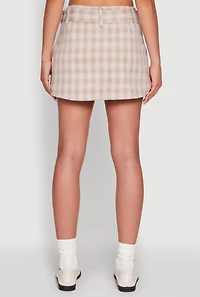 Womens Fleece Lined Plaid Mini Skirt with Belt, Khaki, Size M