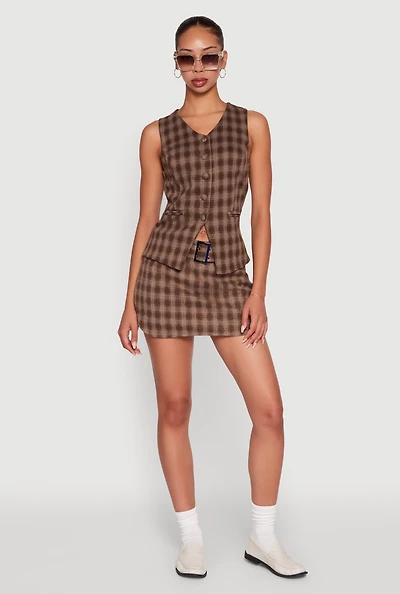 Womens Fleece Lined Plaid Mini Skirt with Belt,