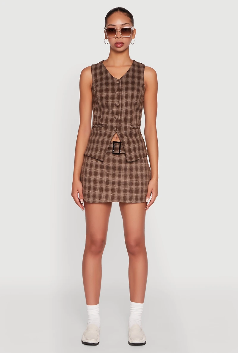 Womens Fleece Lined Plaid Mini Skirt with Belt,