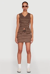 Womens Fleece Lined Plaid Mini Skirt with Belt,