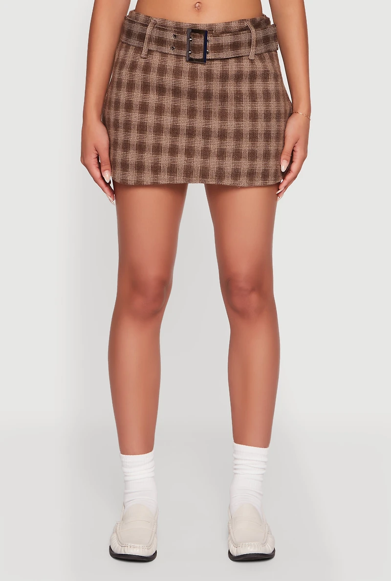 Womens Fleece Lined Plaid Mini Skirt with Belt,