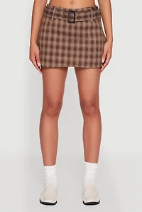 Womens Fleece Lined Plaid Mini Skirt with Belt,