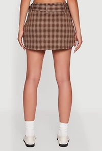 Womens Fleece Lined Plaid Mini Skirt with Belt,
