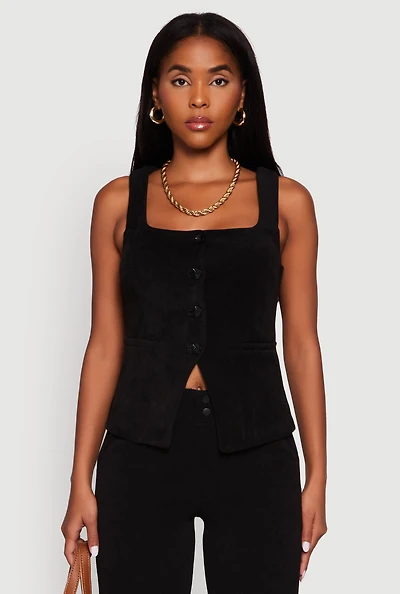 Womens Sleeveless Button Front Square Neck Waistcoat, Black, Size M