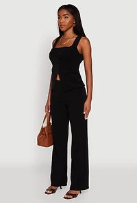 Womens Sleeveless Button Front Square Neck Waistcoat, Black, Size M