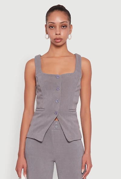 Womens Sleeveless Button Front Square Neck Waistcoat, Grey, Size M