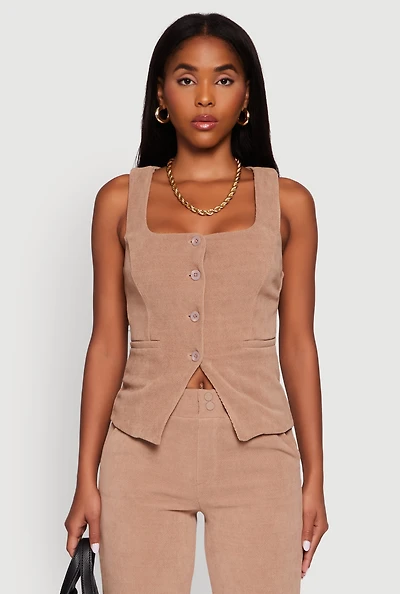 Womens Sleeveless Button Front Square Neck Waistcoat, Beige, Size L