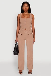 Womens Sleeveless Button Front Square Neck Waistcoat, Beige, Size L