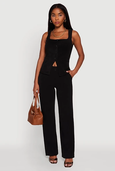 Womens High Waisted Wide Leg Pants with Faux Buttons, S