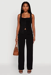 Womens High Waisted Wide Leg Pants with Faux Buttons, Black, Size S