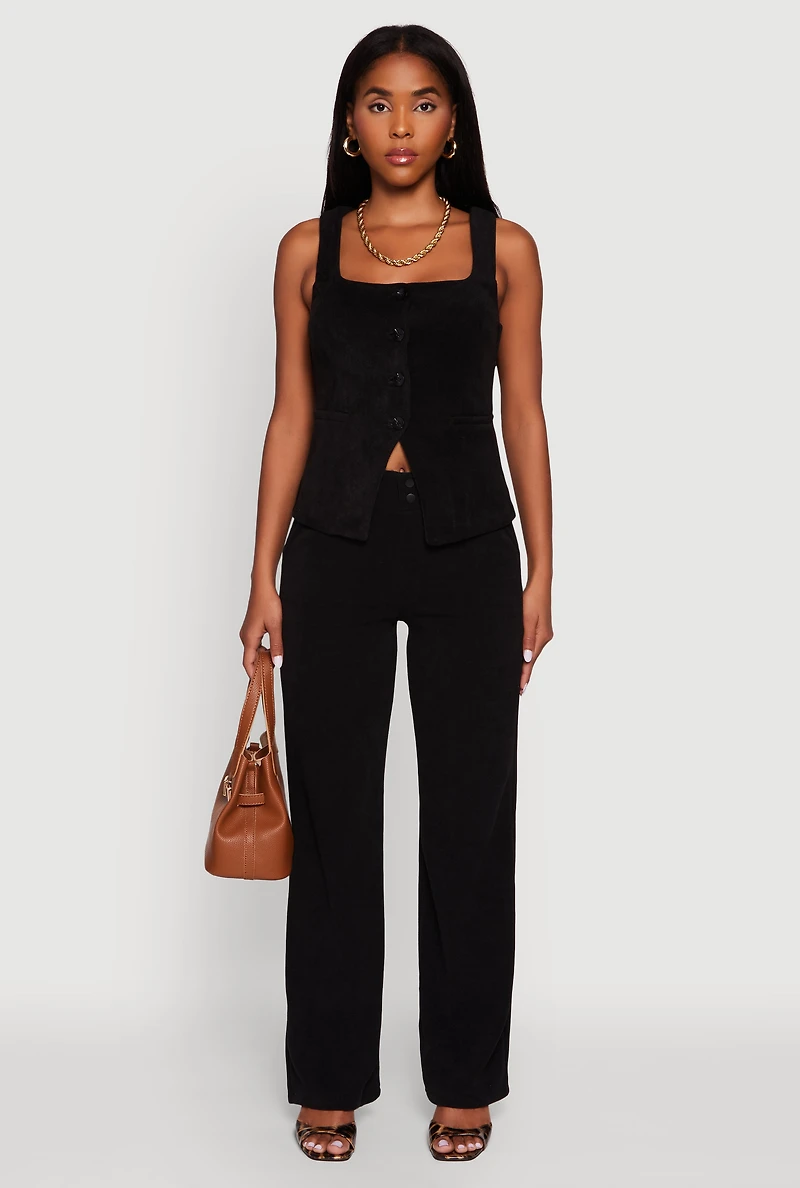 Womens High Waisted Wide Leg Pants with Faux Buttons, S