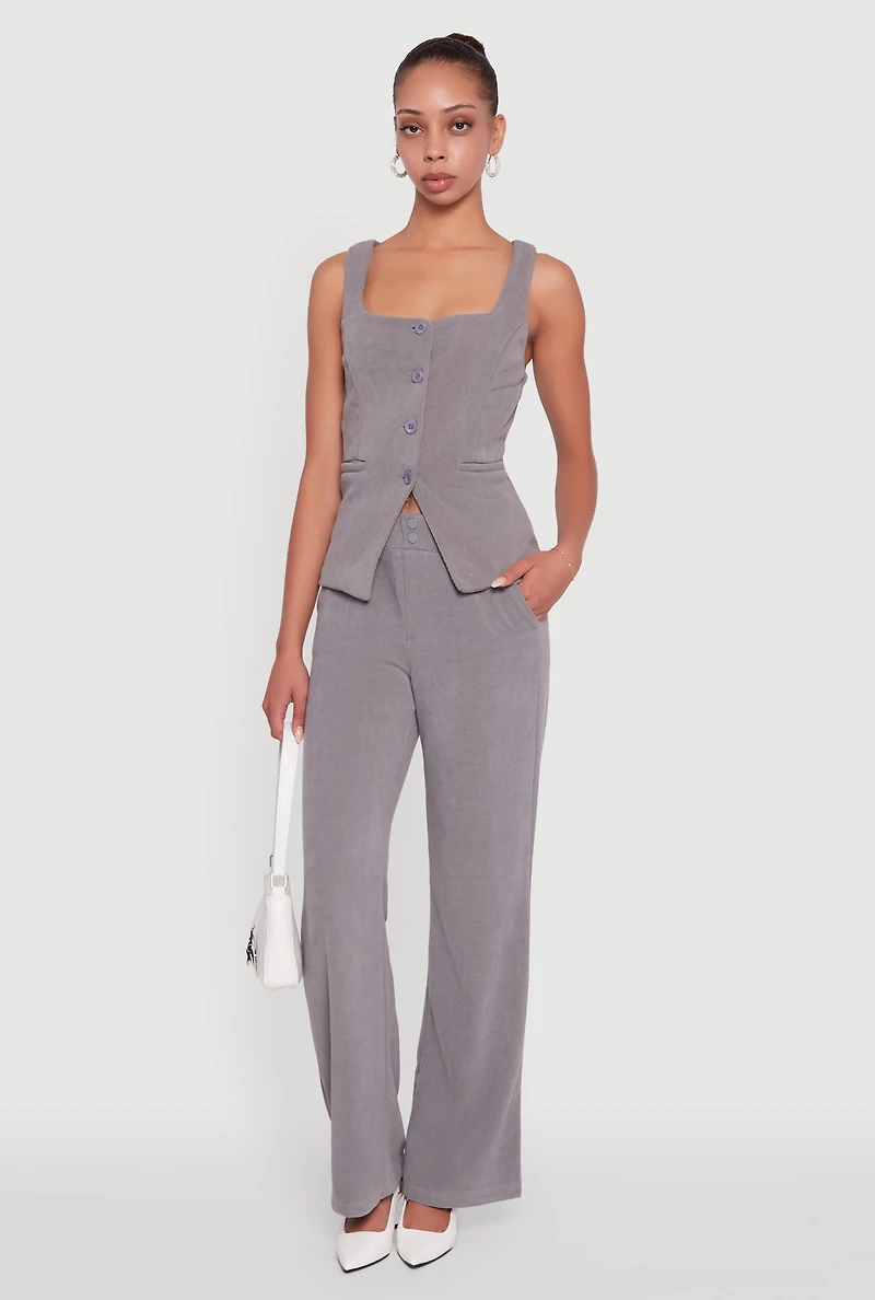 Womens High Waisted Wide Leg Pants with Faux Buttons, Grey, Size S