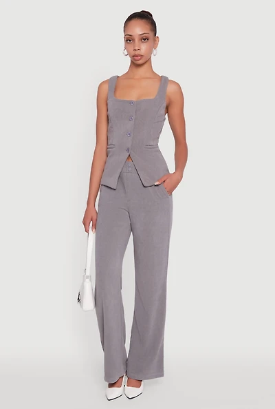 Womens High Waisted Wide Leg Pants with Faux Buttons, Grey, Size S
