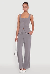 Womens High Waisted Wide Leg Pants with Faux Buttons, Grey, Size S