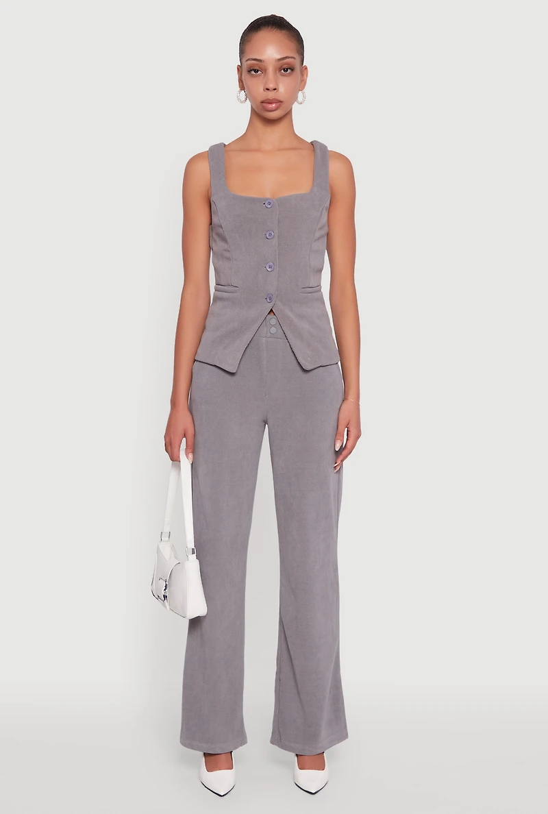 Womens High Waisted Wide Leg Pants with Faux Buttons, Grey, Size S