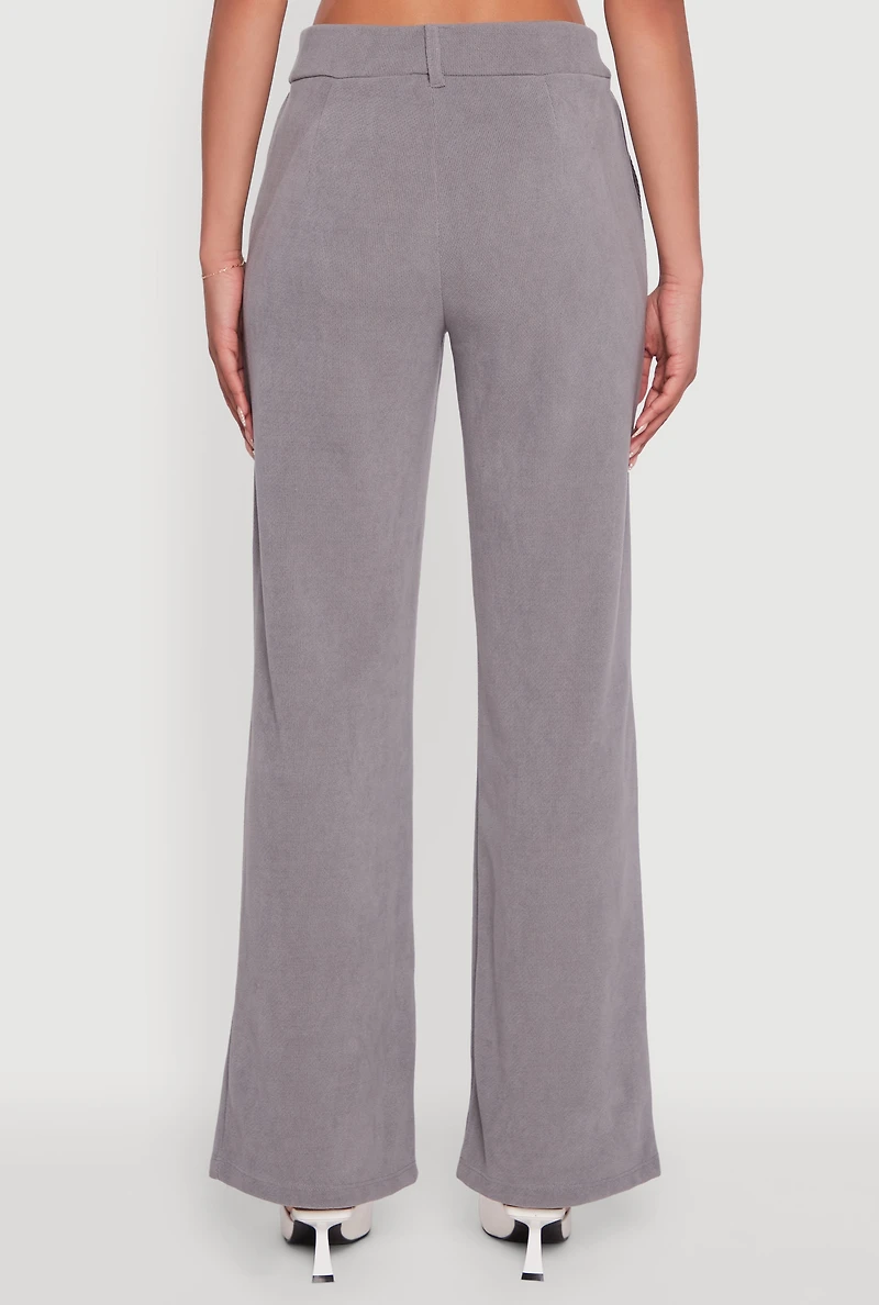 Womens High Waisted Wide Leg Pants with Faux Buttons, Grey, Size S