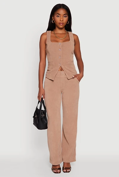 Womens High Waisted Wide Leg Pants with Faux Buttons, Khaki, Size M