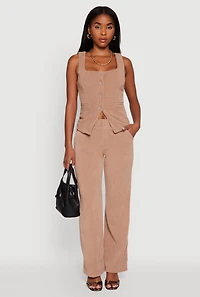 Womens High Waisted Wide Leg Pants with Faux Buttons, Khaki, Size M